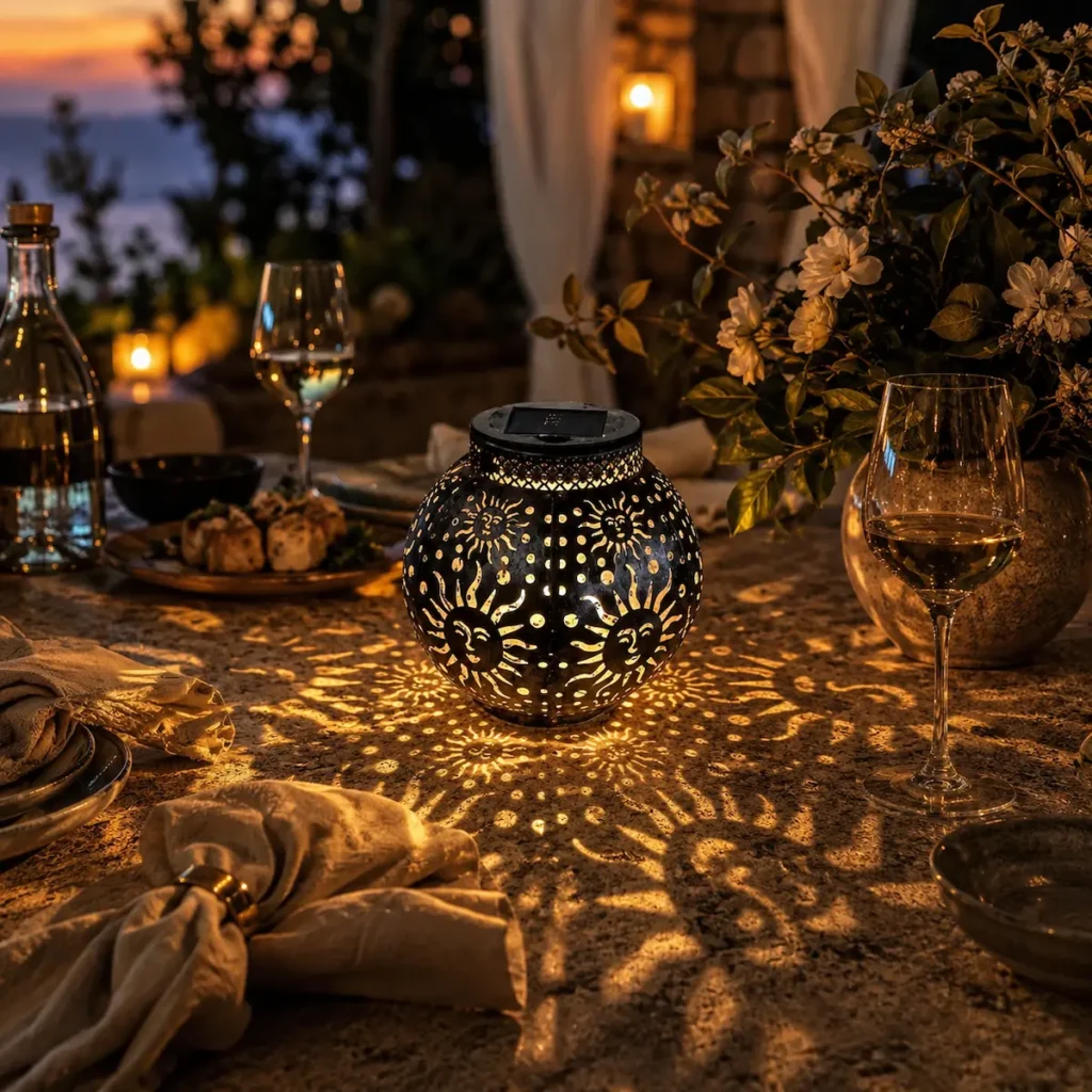 "Lanterne solaire décorative ajourée motif soleil sur table de repas extérieure, ambiance chaleureuse au coucher du soleil avec projection lumineuse."