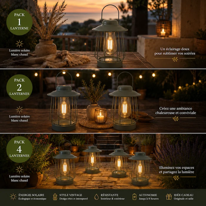 Comparatif packs lanterne solaire vintage LED décorative – 1 lanterne, 2 lanternes ou 4 lanternes pour terrasse, balcon et jardin