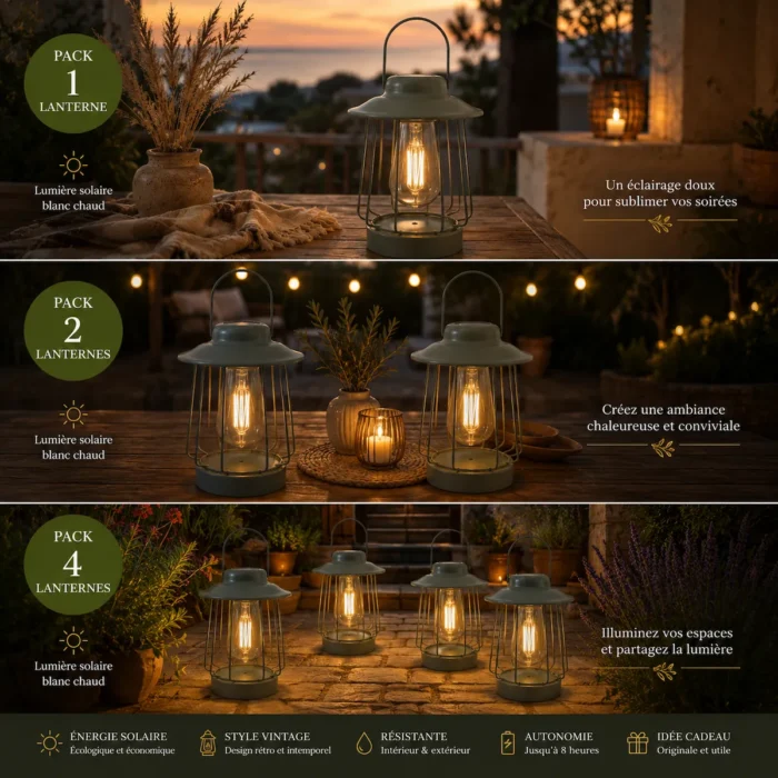Lanterne solaire vintage LED blanc chaud en packs 1, 2 ou 4 lanternes pour créer une ambiance chaleureuse sur terrasse et jardin