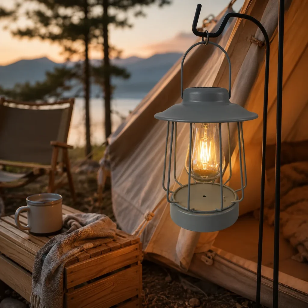 Lanterne solaire suspendue grise dans une mise en scène camping au crépuscule, ambiance chaleureuse et nature