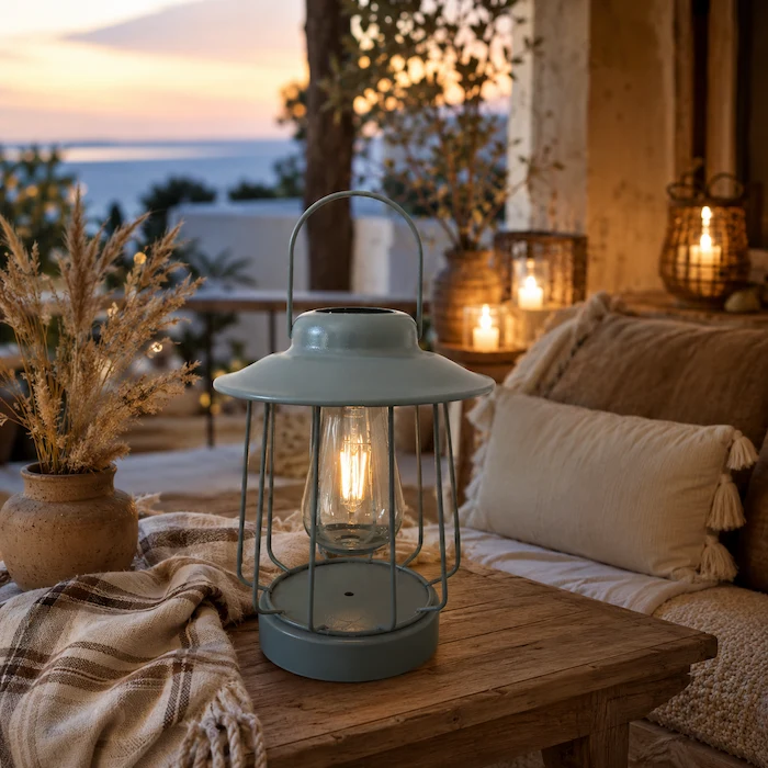 Lanterne solaire vintage métal olive avec ampoule à filament LED blanc chaud sur terrasse cosy au coucher du soleil