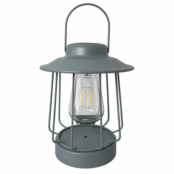 "Lanterne LED décorative grise en métal avec ampoule filament sur fond blanc, photo produit packshot"