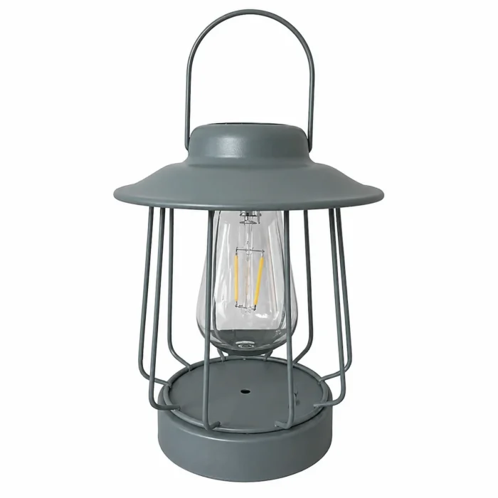 "Lanterne LED décorative grise en métal avec ampoule filament sur fond blanc, photo produit packshot"