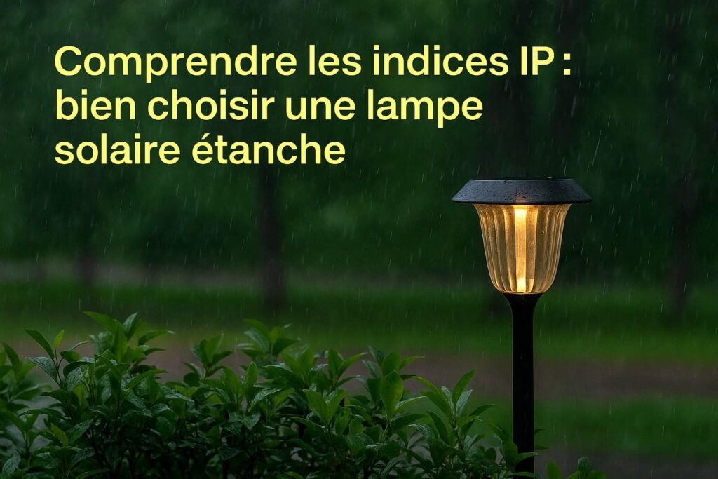 Une lampe solaire sous la pluie dans un jardin, avec texte "Comprendre les indices IP"