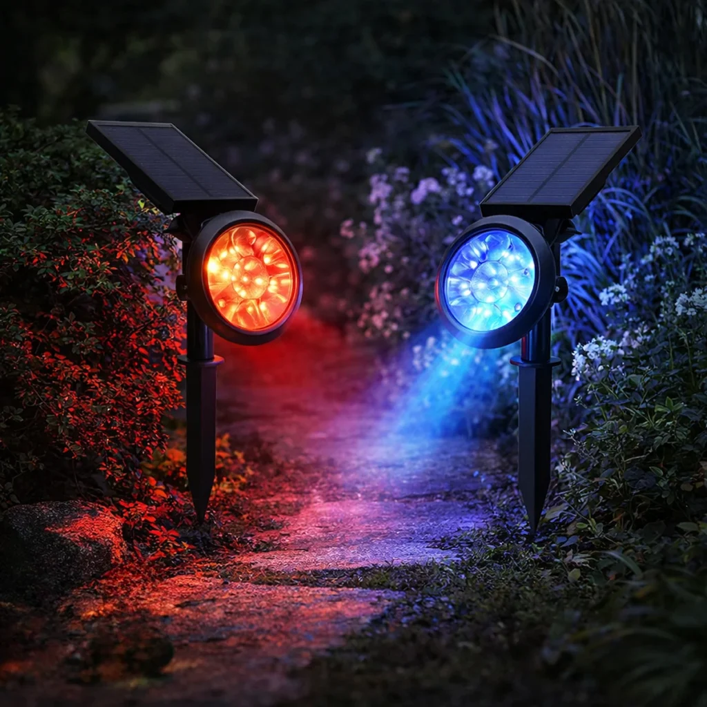 Spots solaires multicolores éclairant un chemin de jardin la nuit ambiance lumineuse rouge et bleue extérieure