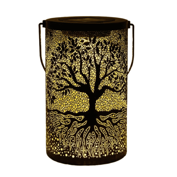 Lanternes solaires décoratives avec motif arbre de vie ajouré, lumière LED chaude pour jardin ou terrasse.