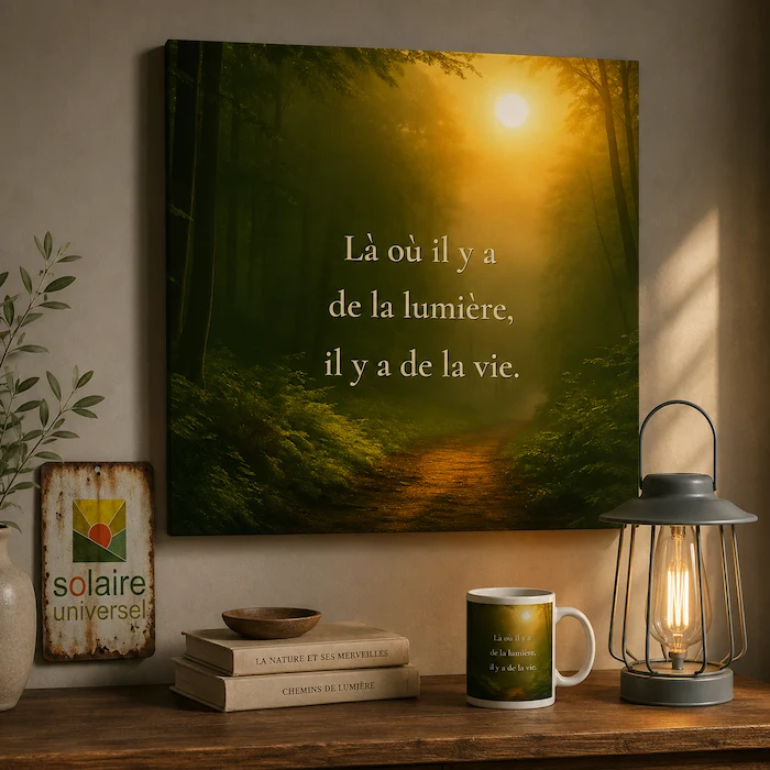 Univers Solaire Universel associant toile inspirante, mug citation et lanterne solaire vintage dans une ambiance lumineuse apaisante