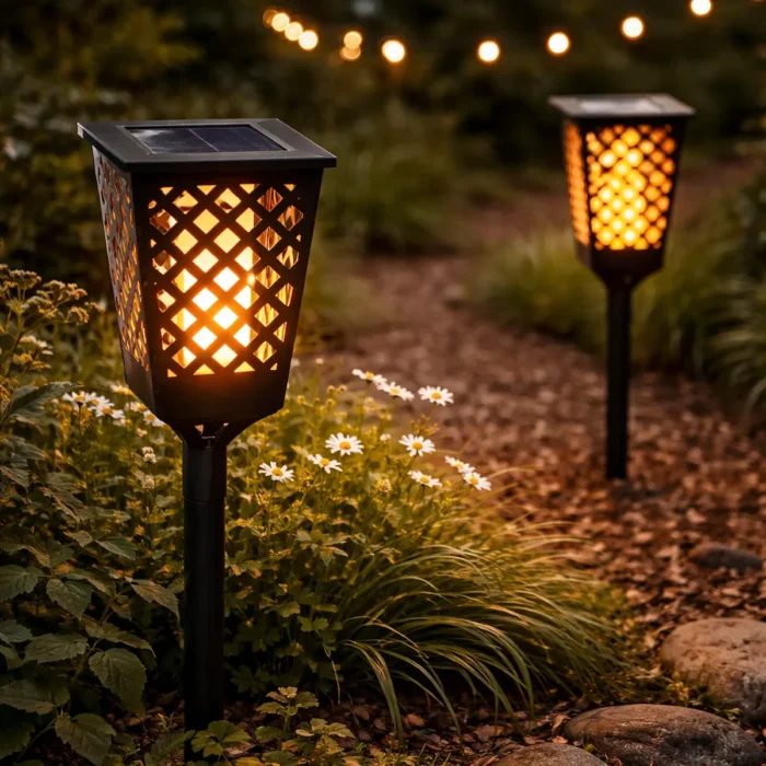 Bornes solaires extérieures éclairant une allée de jardin avec une lumière chaude et ambiance cosy au crépuscule