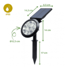 Spot LED solaire IP55 avec dimensions illustrées : 17 cm piquet, panneau 14,2x8,5 cm, tête Ø12,5 cm