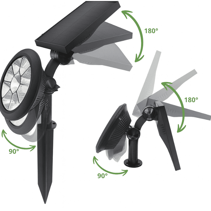 Projecteur solaire LED orientable avec panneau solaire rotatif à 180° et tête de lampe inclinable à 90°