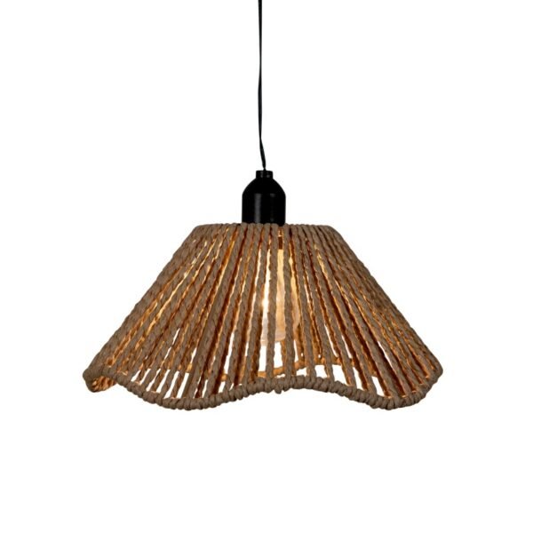 Suspension en corde naturelle tressée avec ampoule visible, design ondulé et style bohème.