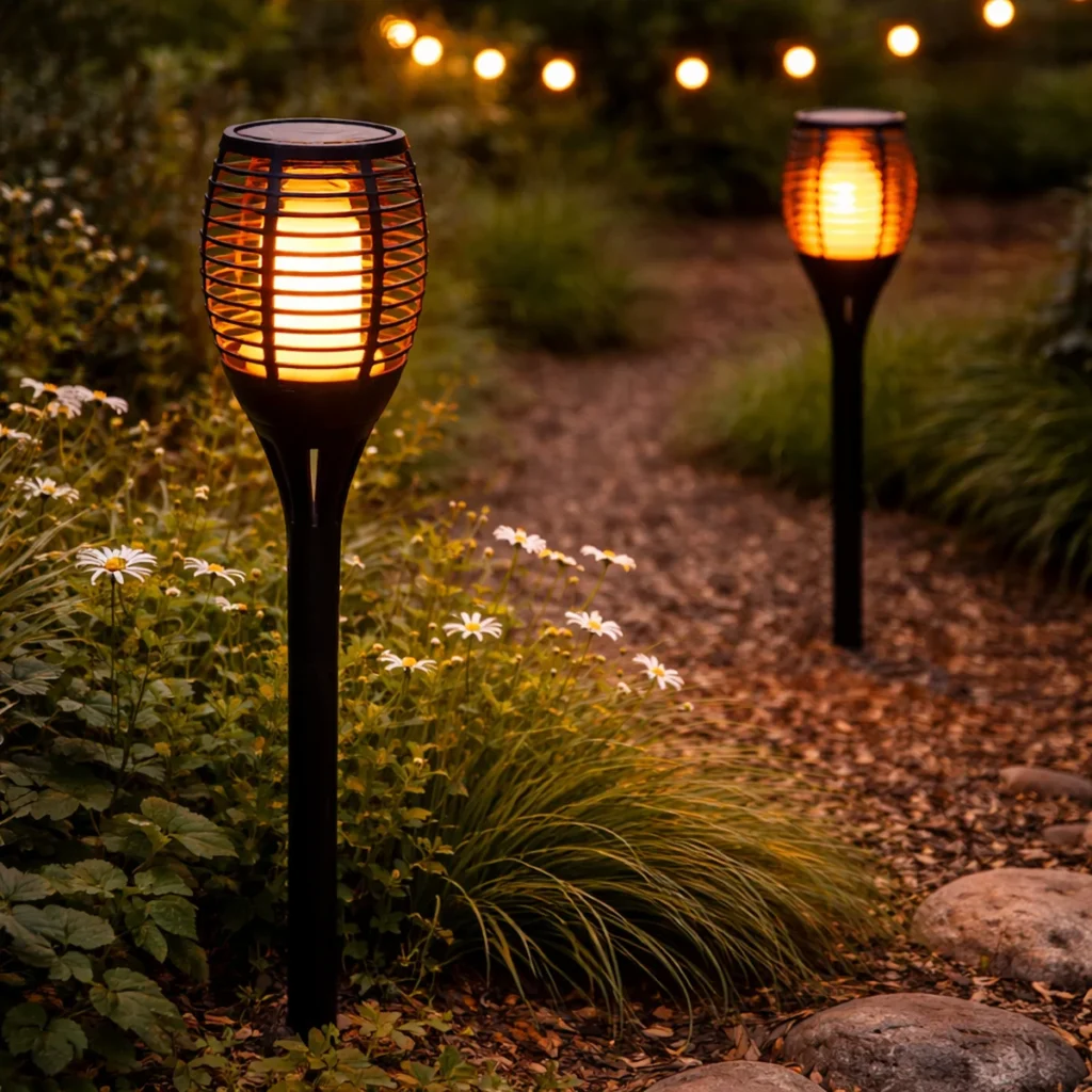 Lot de deux lampes solaires extérieures éclairant une allée de jardin avec une lumière chaude et ambiance cosy