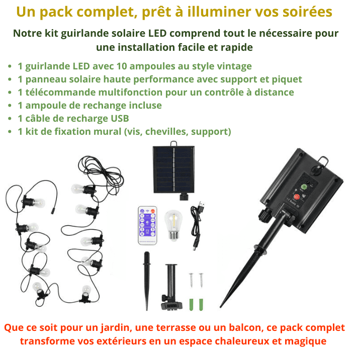 Guirlande LED solaire 8m avec 10 ampoules, panneau, télécommande et accessoires, sur fond blanc avec texte descriptif.
