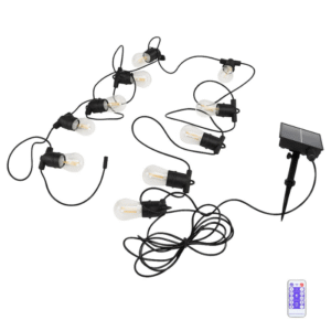 Guirlande solaire LED extérieure avec 10 ampoules vintage, câble noir et panneau solaire sur piquet + télécommande.