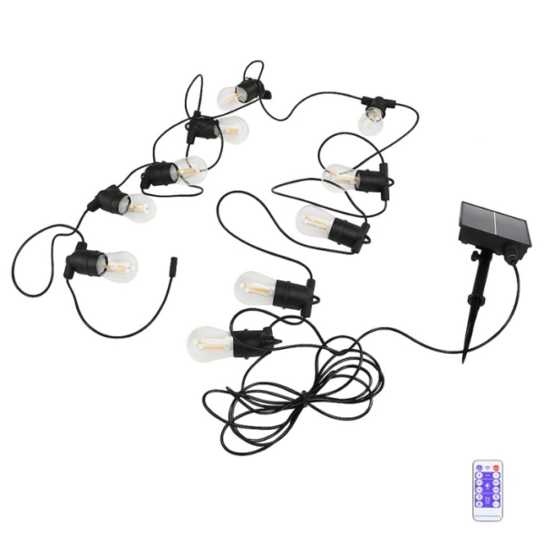 Guirlande solaire LED extérieure avec 10 ampoules vintage, câble noir et panneau solaire sur piquet + télécommande.