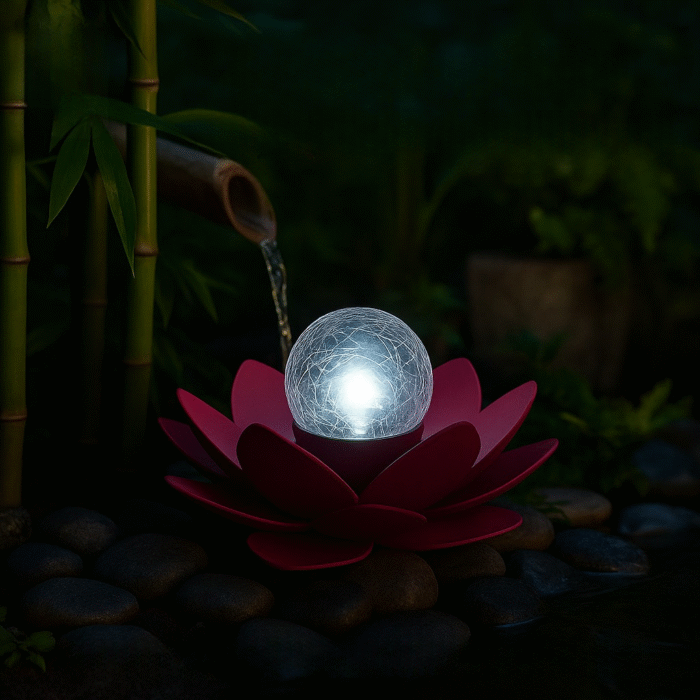 Lampe décorative en forme de fleur de lotus rouge avec une sphère lumineuse au centre, posée sur des galets près d’une fontaine en bambou, dans un jardin zen de nuit.