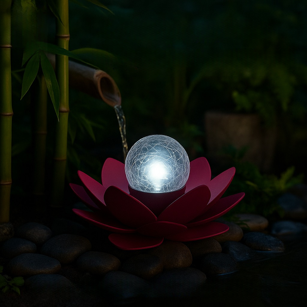 Lampe décorative en forme de fleur de lotus rouge avec une sphère lumineuse au centre, posée sur des galets près d’une fontaine en bambou, dans un jardin zen de nuit.