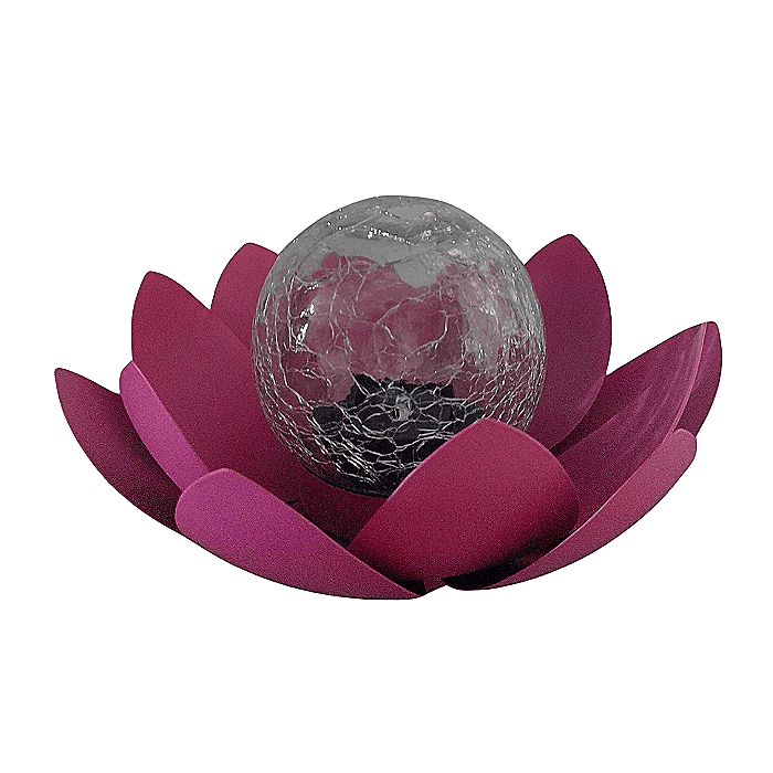 Lampe LED en forme de fleur de lotus rose avec boule en verre craquelé, posée sur fond blanc.