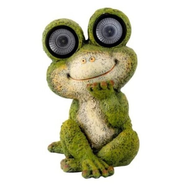 Statue grenouille solaire décorative avec grands yeux lumineux LED, position assise et sourire joyeux