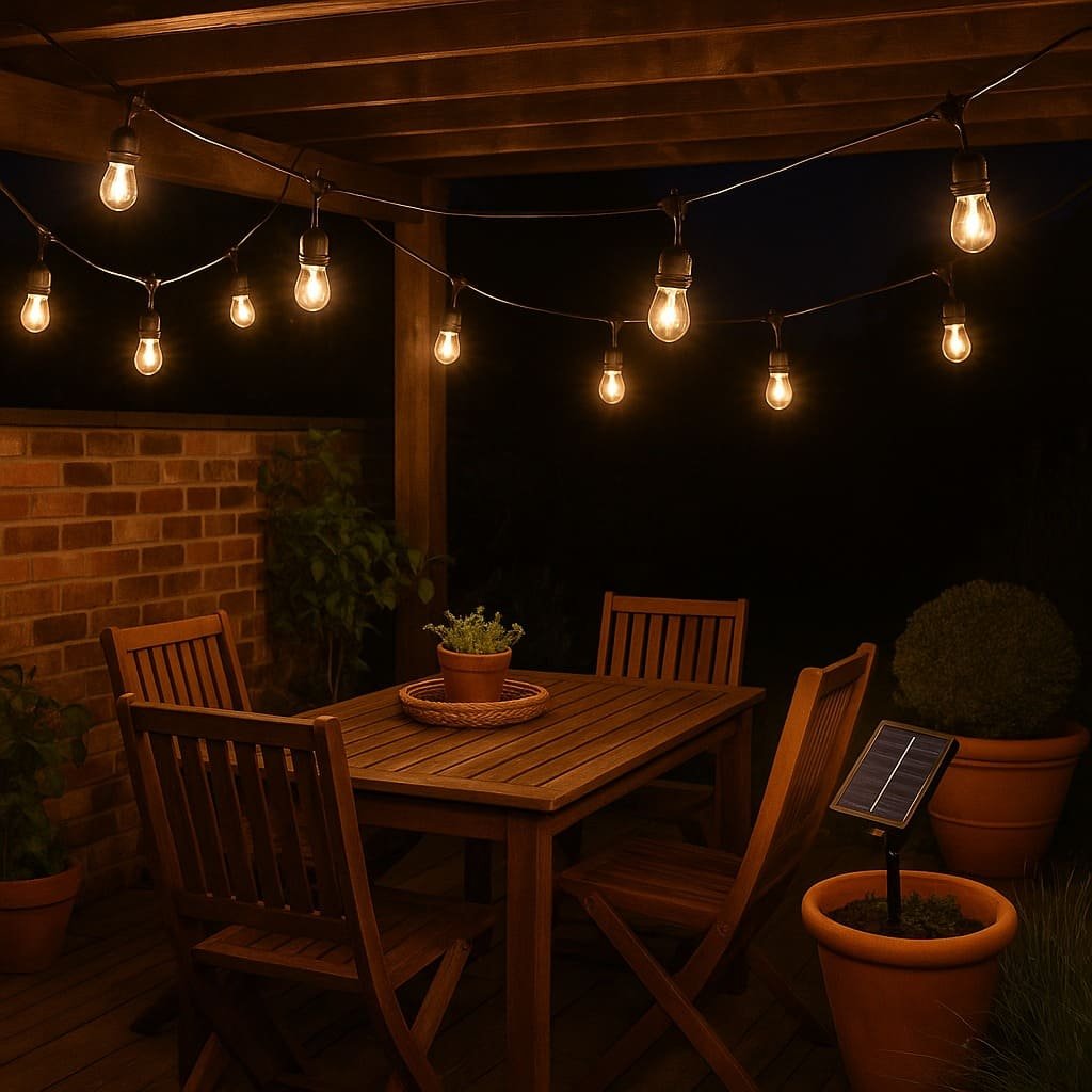 ChatGPT a dit : Guirlande LED solaire 8m allumée sur terrasse en bois, ambiance chaleureuse avec mobilier et panneau solaire visible.