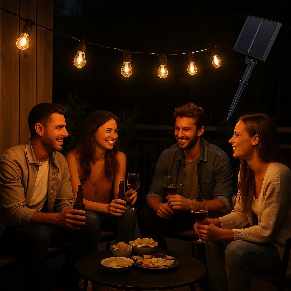 Groupe d’amis partageant un apéro sous une guirlande LED solaire 8m allumée, ambiance festive et chaleureuse en extérieur.
