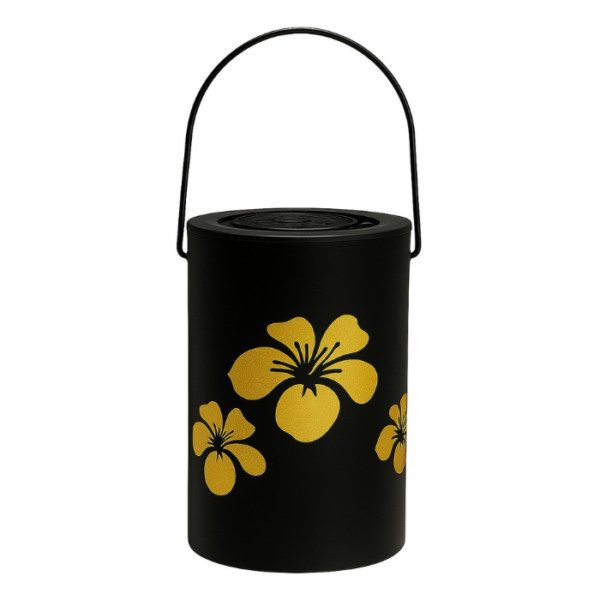 Lanterne Solaire Noire à Motifs Fleurs Dorées – Métal Étanche, Effet Lumineux Projecteur – Ø12 cm x H20 cm