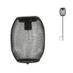 "Lampe solaire en métal noir avec design maillé, LED blanc chaud à filament, utilisable à poser ou à piquer pour jardin extérieur"
