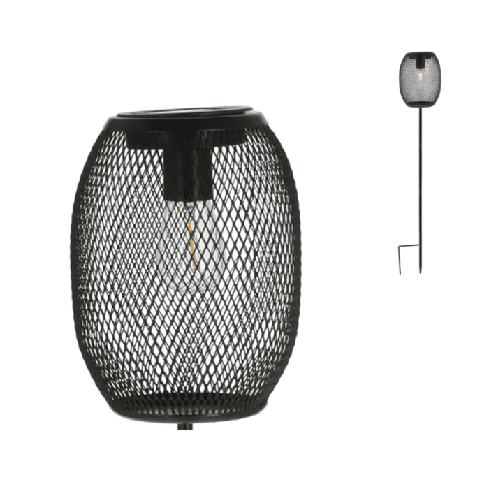 "Lampe solaire en métal noir avec design maillé, LED blanc chaud à filament, utilisable à poser ou à piquer pour jardin extérieur"