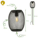 lampe-solaire-metal-dimensions.png" alt="Lampe solaire en métal noir design maillé, LED blanc chaud à filament, dimensions 18 cm hauteur, Ø14 cm, à poser ou à piquer, IP44 pour jardin extérieur