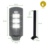 Lampadaire solaire LED puissant 1200W avec télécommande, capteur de mouvement et support mural – dimensions 55x25 cm, mât 47 cm, étanchéité IP65