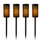 Lot de 4 lampes solaires LED de jardin avec motifs ajourés et lumière chaude décorative.