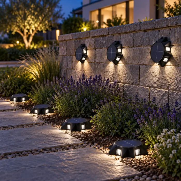 Balises solaires LED installées verticalement sur un muret et posées au sol dans un jardin