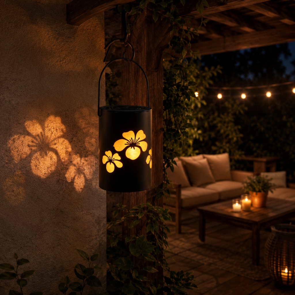 "Lanterne solaire fleur suspendue sur pergola, projection d’ombres florales sur mur dans une ambiance extérieure chaleureuse au crépuscule."