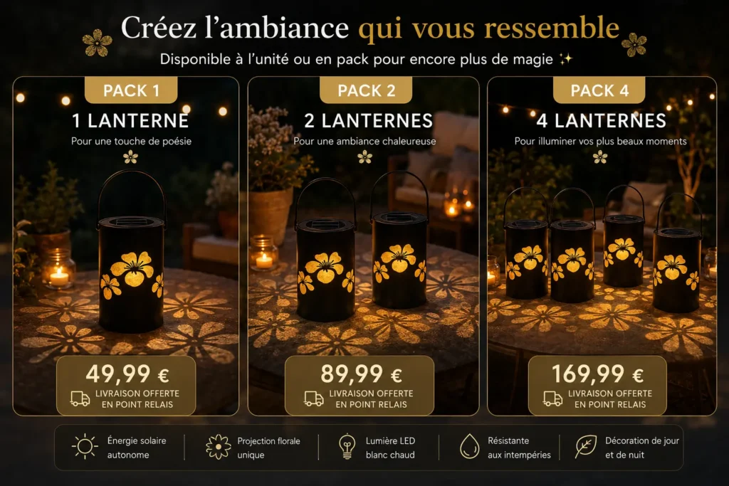 Lanterne solaire florale métal noir avec projection de fleurs lumineuses – packs 1, 2 et 4 lanternes pour décoration extérieure