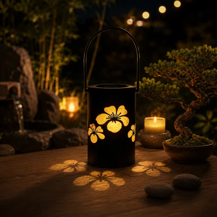 "Lanterne solaire noire à motif floral dans un espace zen extérieur, avec bonsaï, pierres et lumière douce pour une ambiance apaisante."