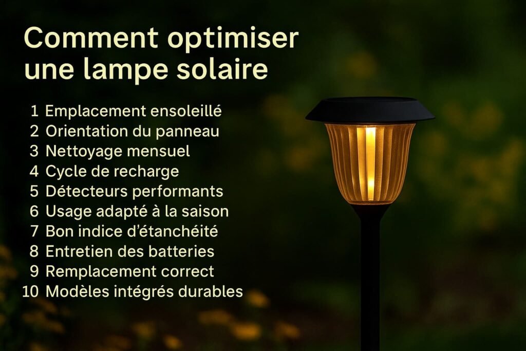 Lampe solaire couleur de lumière, avec texte pour blog "Comment optimiser une lampe solaire"