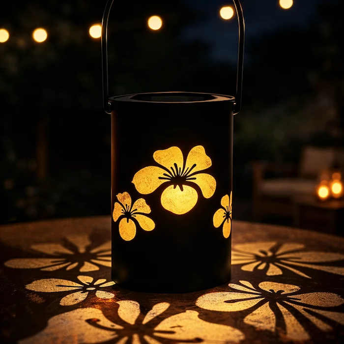 Lanterne solaire florale noire projetant des motifs de fleurs lumineuses sur une table de jardin au crépuscule – éclairage LED décoratif extérieur