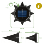 Schéma technique d'une balise solaire LED Ø10,6 cm avec panneau solaire intégré, dimensions du corps et des piquets de 7 cm et 9 cm