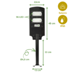 "Dimensions lampadaire solaire 100W LED IP65 avec détecteur de mouvement et télécommande, 96 LED, 48 cm de hauteur, 22 cm de largeur"