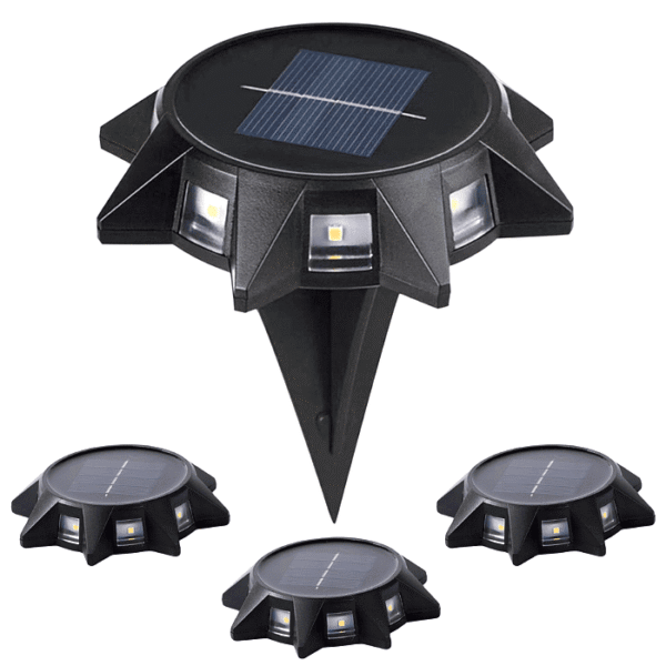 Lot de 4 balises solaires LED noires Ø10,6 cm à poser ou à piquer pour éclairage extérieur, avec panneau solaire intégré