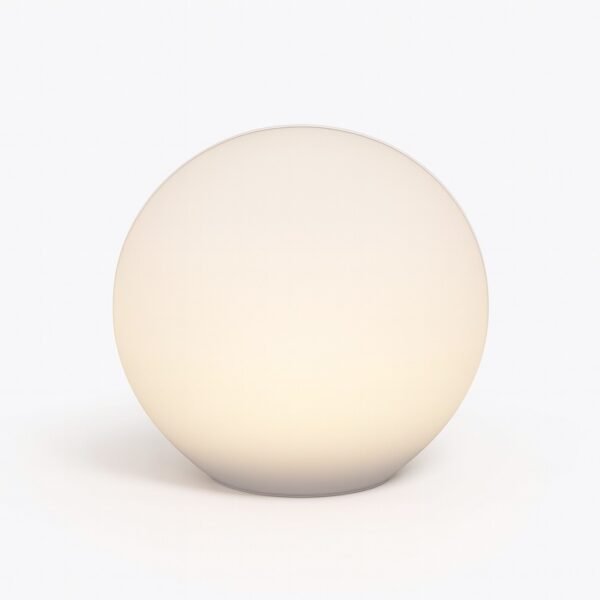 Boule lumineuse solaire LED blanche de 25 cm à poser, design sphérique moderne sur fond blanc