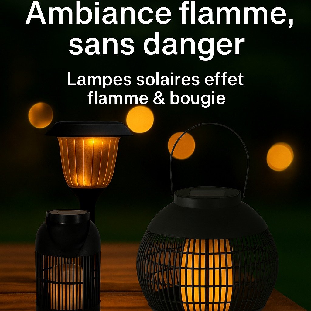 Terrasse illuminée de lampes solaires effet flamme avec texte " Lampe solaire effet flamme & bougie : ambiance chaleureuse sans danger"