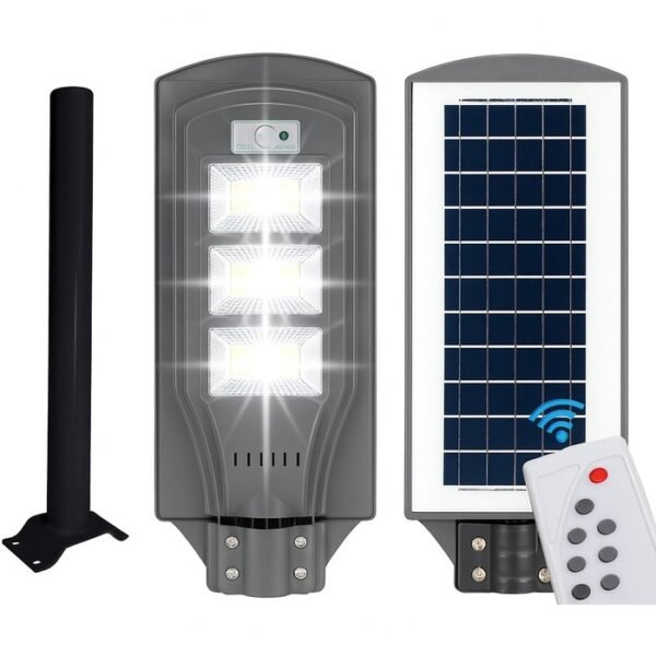 Lampadaire solaire puissant 1200W LED avec capteur de mouvement, télécommande et panneau solaire IP65