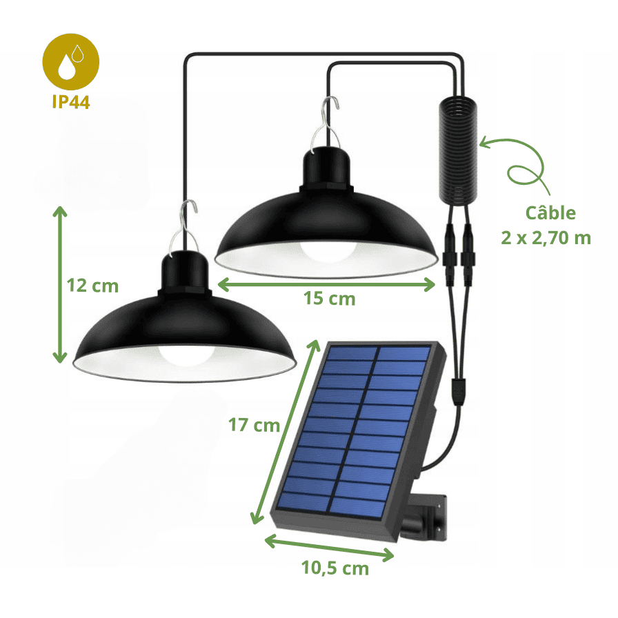 Kit de deux lampes suspendues LED solaires noires avec panneau solaire 17x10,5 cm, câble 2x2,70 m, étanchéité IP44