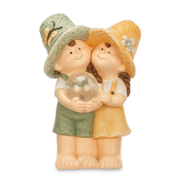Couple de figurines solaires en polyrésine, garçon et fille tenant une boule en verre craquelée lumineuse, déco jardin et intérieur