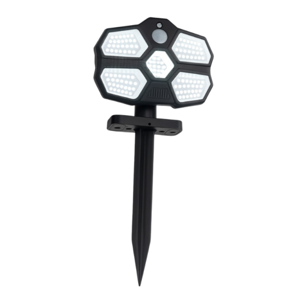 Projecteur Solaire Extérieur avec détecteur de mouvement, 124 LED, tête inclinable et pieu amovible pour fixation murale ou au sol