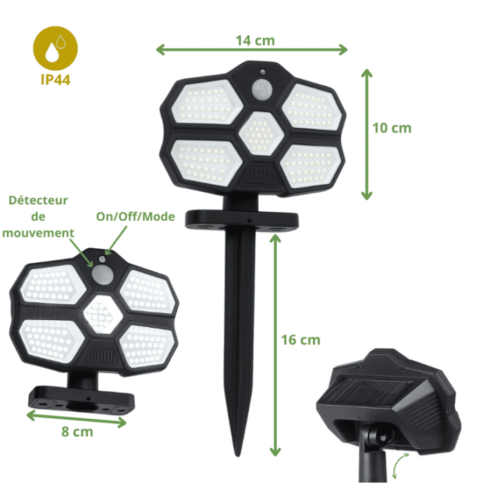 Schéma projecteur solaire extérieur avec détecteur de mouvement, dimensions 14 cm x 10 cm, pieu de 16 cm et support mural de 8 cm, IP44