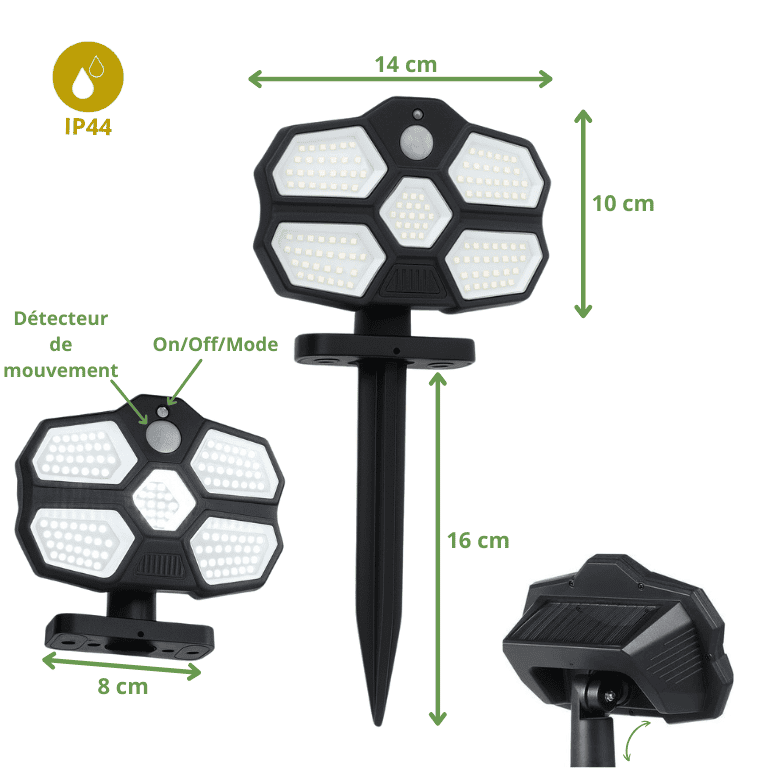 Schéma projecteur solaire extérieur avec détecteur de mouvement, dimensions 14 cm x 10 cm, pieu de 16 cm et support mural de 8 cm, IP44