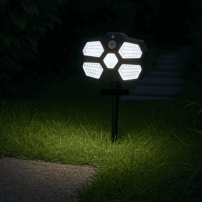 Projecteur solaire extérieur avec détecteur de mouvement planté dans la pelouse, éclairant une allée de jardin de nuit, lumière LED blanche IP44