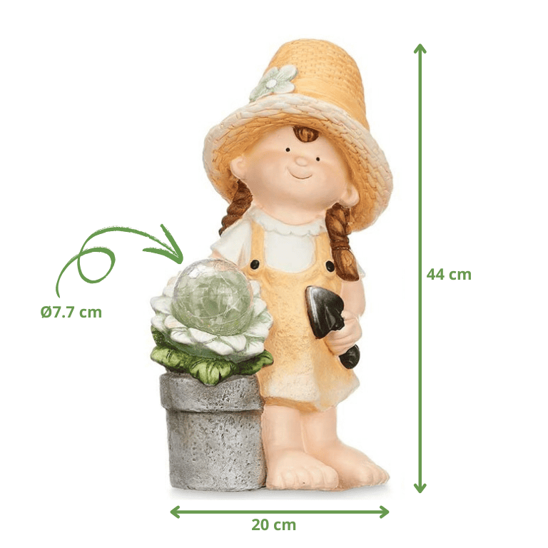 Statue solaire de jardin fille en résine, hauteur 44 cm, largeur 20 cm, globe LED blanc chaud Ø7,7 cm posé sur pot décoratif